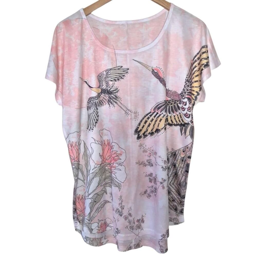 Essentials Pink White Japanese Crane Print Short Sleeve Top Size Medium